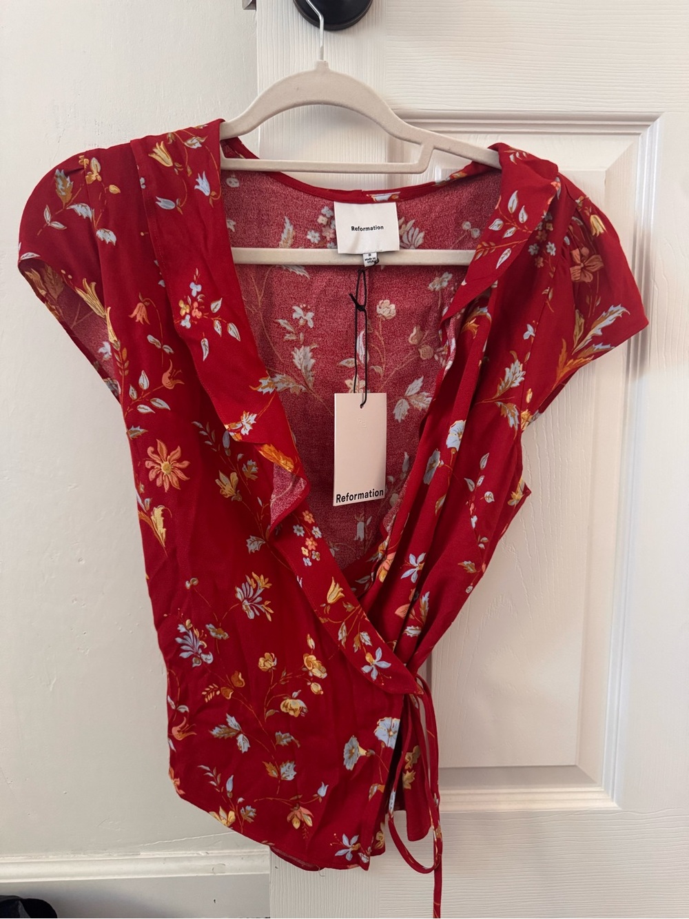 Reformation Red Floral Wrap Blouse with Tie waist NWT